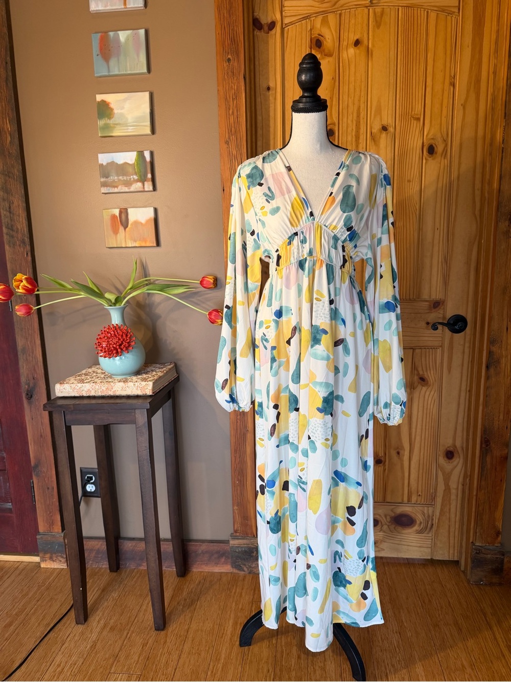 Boho Floral Maxi Dress in White with Yellow & Teal Accents